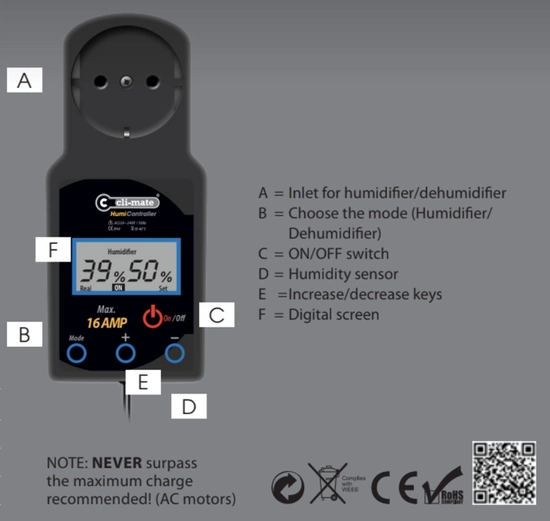 Cli-mate HU-16 humidity controller with humidity sensor