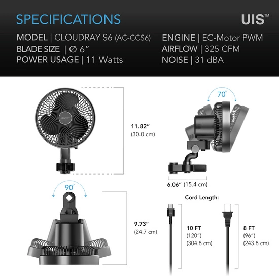 AC Infinity Cloudray S6 Gen 2 Oscillating Clip Fan 12W 10-speed fi 160mm - next-gen clip fan for grow tents