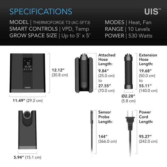 AC Infinity THERMOFORGE T3 – Plant Heater, 10 Heat Levels, Tubing for Grow Tent Extension, Smart VPD Controls