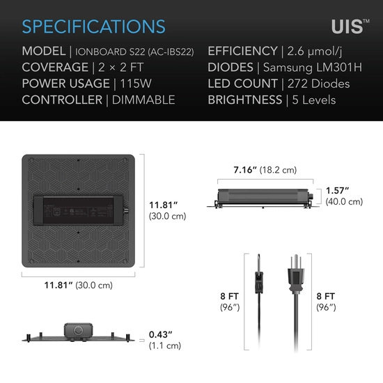 AC Infinity IONBOARD S22 115W Full Spectrum LED Grow Light up to 60x60cm