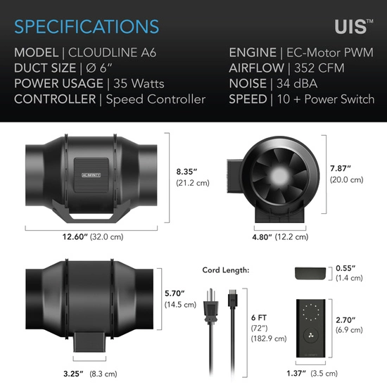 Duct fan AC Infinity CLOUDLINE A6 150mm 600m3/h with 10-speed controller
