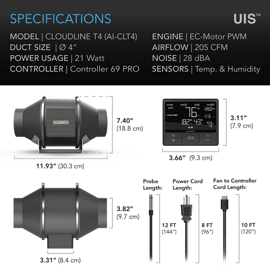 Duct fan AC Infinity Quiet Inline 4'' 100mm 350m3/h with temp. and humidity controller