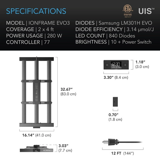 AC Infinity IONFRAME EVO3 280W Lampa LED Grow Full Spectrum Samsung LM301H EVO do 120x60cm