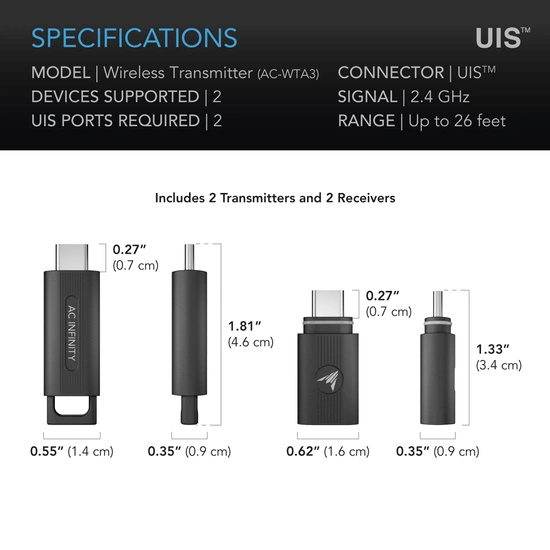 AC Infinity - UIS 1-to-1 Wireless Transmitter & Receiver, for UIS Devices and Controllers, 2-Pack