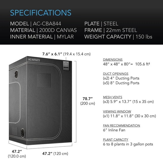 AC Infinity Cloudlab 844 120x120x200cm Mylar 2000D namiot do uprawy