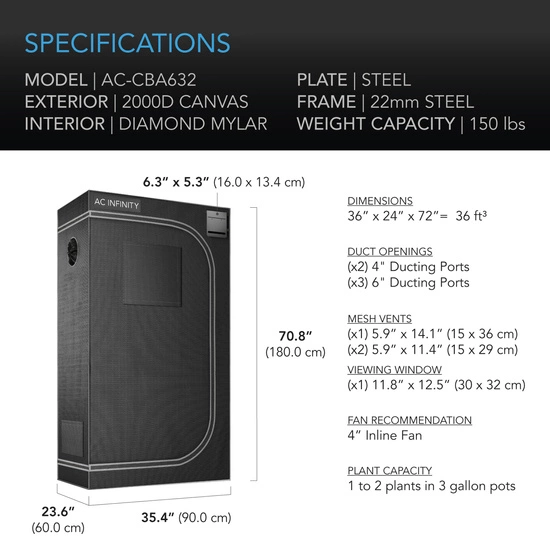 AC Infinity Cloudlab 632 90x60x180cm Mylar 2000D grow tent