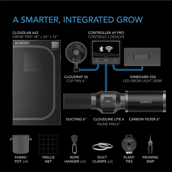 AC Infinity Complete Grow Tent Kit 120x60x180 cm with Full Spectrum LED Grow Light and integrated smart controls for ventialtion and circulation