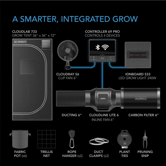 AC Infinity Complete Grow Tent Kit 90x90x180 cm with Full Spectrum LED Grow Light and integrated smart controls for ventialtion and circulation