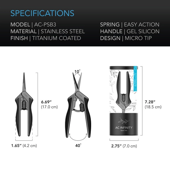 AC Infinity Stainless Steel Pruning Shear with Cleaning Kit, Ergonomic Lightweight, 6.6” Straight Blades 17cm