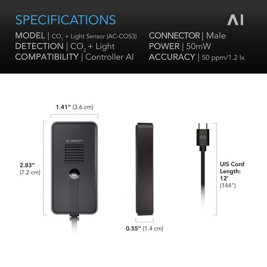 AC Infinity Czujnik CO₂ i światła do Kontrolera AI+ – inteligentne monitorowanie poziomu CO₂ 