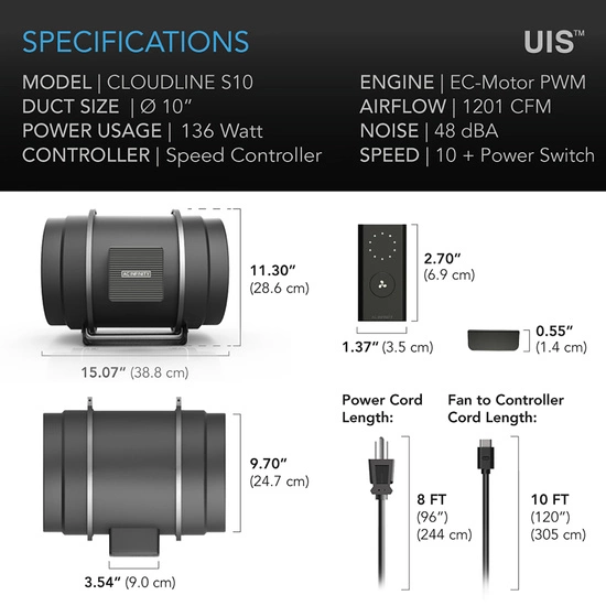 Duct fan AC Infinity CLOUDLINE PRO 250mm 2040m3/h with speed controller