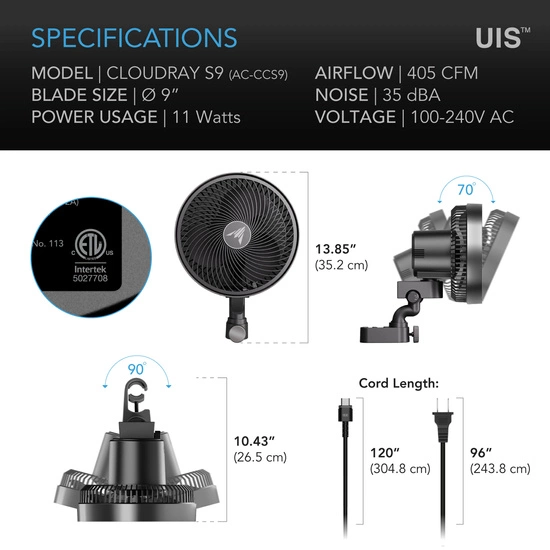 AC Infinity Cloudray S9 Oscillating Clip Fan 11W 10-speed fi 230mm - wentylator mieszający z klipsem