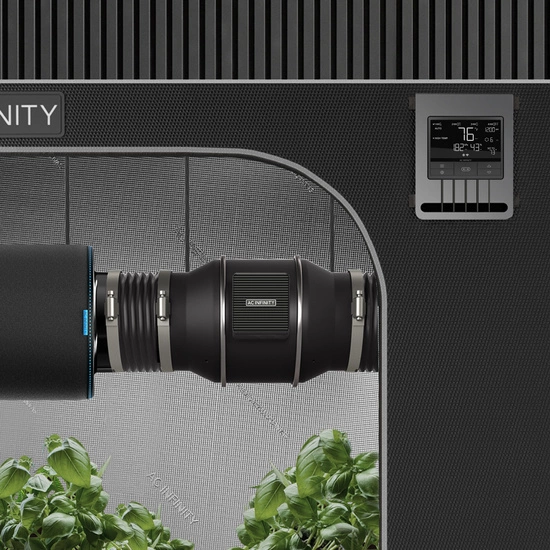 Zestaw wentylacyjny AC Infinity 200mm 1370 m3/h - wentylator kanałowy z inteligentnym kontrolerem temp. i wilgotności, filtr węglowy + przewody