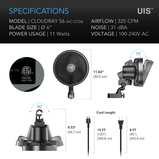 AC Infinity Cloudray S6 Gen 2 Oscillating Clip Fan 12W 10-speed fi 160mm - next-gen clip fan for grow tents