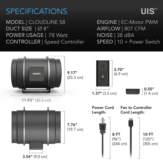 Duct fan AC Infinity CLOUDLINE PRO 200mm 1370m3/h with speed controller