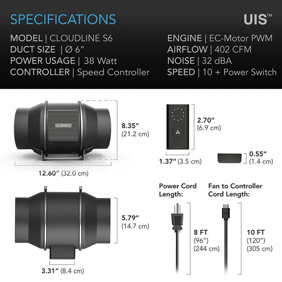 Duct fan AC Infinity Quiet Inline 6'' 150mm 680m3/h with speed controller