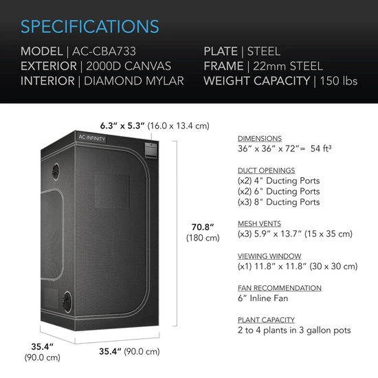 AC Infinity Cloudlab 733 90x90x180cm Mylar 2000D grow tent