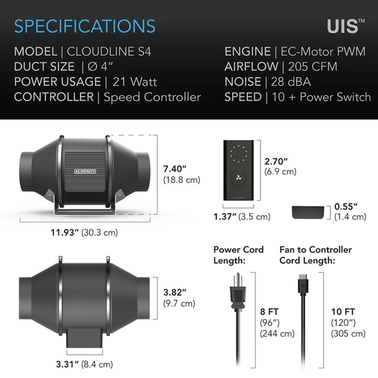 Duct fan AC Infinity Quiet Inline 4'' 100mm 350m3/h with speed controller