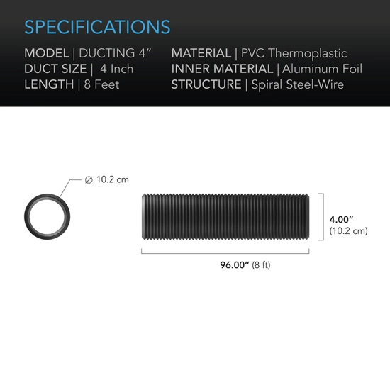 AC Infinity Flexible Four-layer ventilation duct impermeable to light 4'' / 102mm, lenght 8 ft / 2,43m  