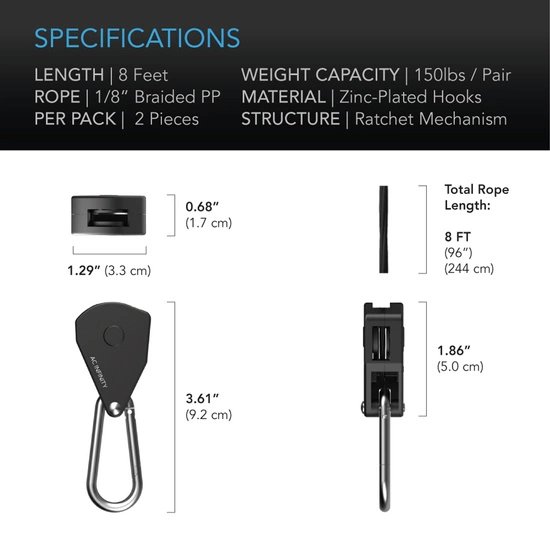 AC Infinity Heavy-Duty Adjustable Rope Clip Hanger - max 68 kg 