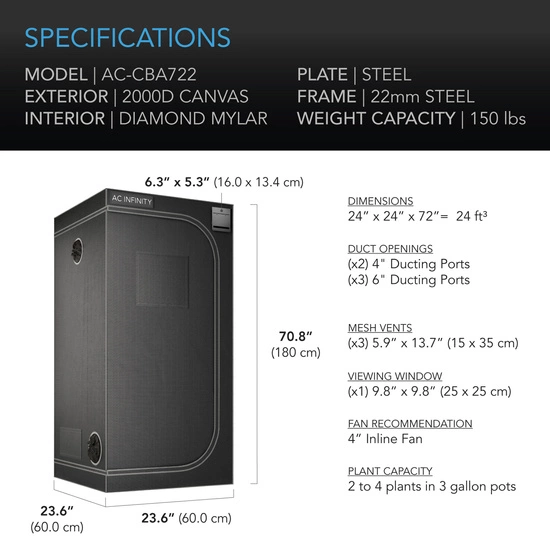 AC Infinity Cloudlab 722 60x60x180cm Mylar 2000D grow tent