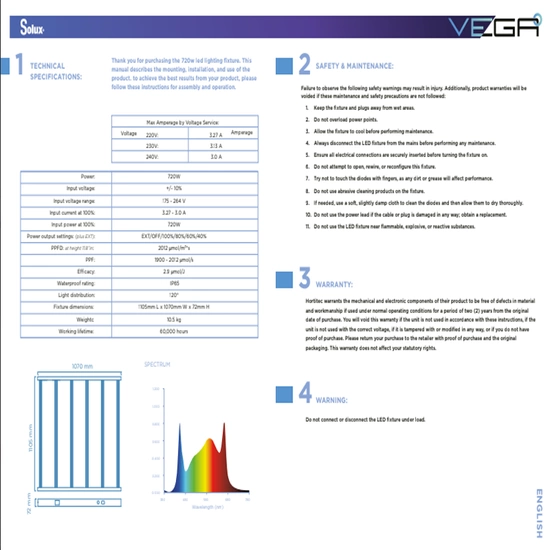 Solux LED Vega PRO 720W 2.9 µmol/J Full Spectrum - LED grow light | coverage up to 150x150cm