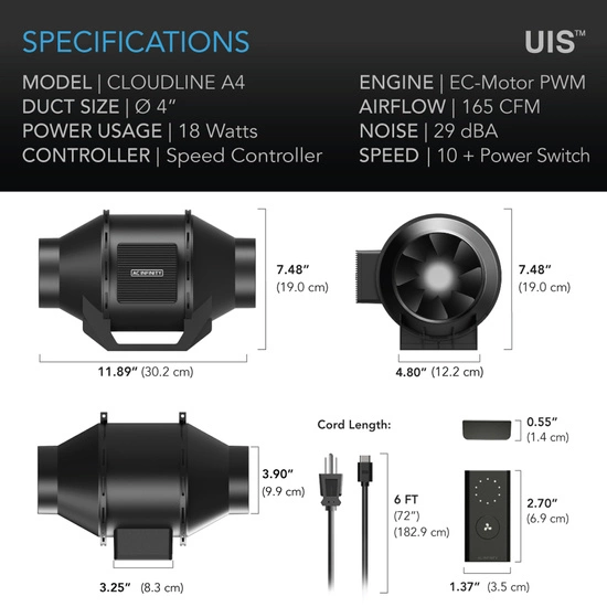 Duct fan AC Infinity CLOUDLINE A4 100mm 280m3/h with 10-speed controller