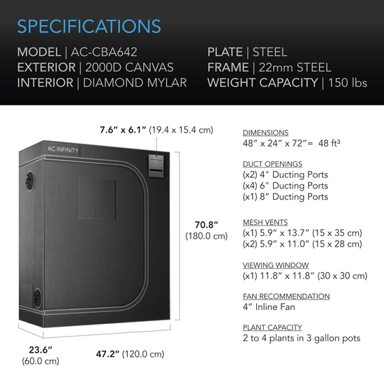 AC Infinity Cloudlab 642 120x60x180cm Mylar 2000D grow tent